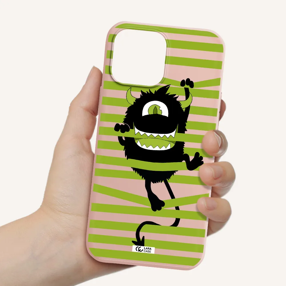 a black monster with horns and green stripes Apple iPhone 13 Pro Silicone pastel pink Case