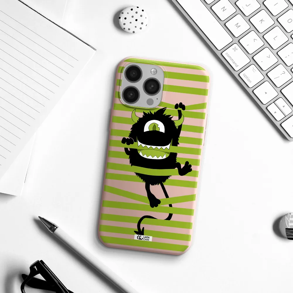 a black monster with horns and green stripes Apple iPhone 13 Pro Silicone pastel pink Case