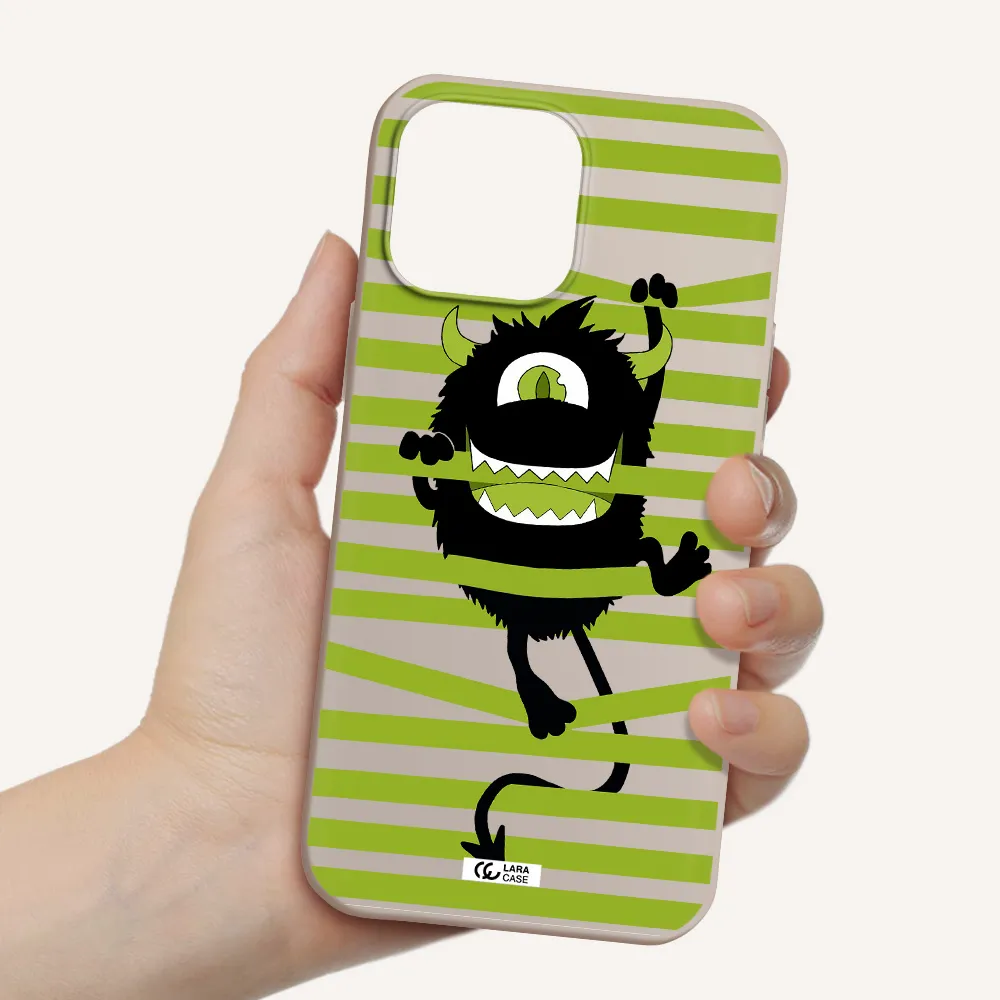 a black monster with horns and green stripes Apple iPhone 13 Pro Silicone Stone Case