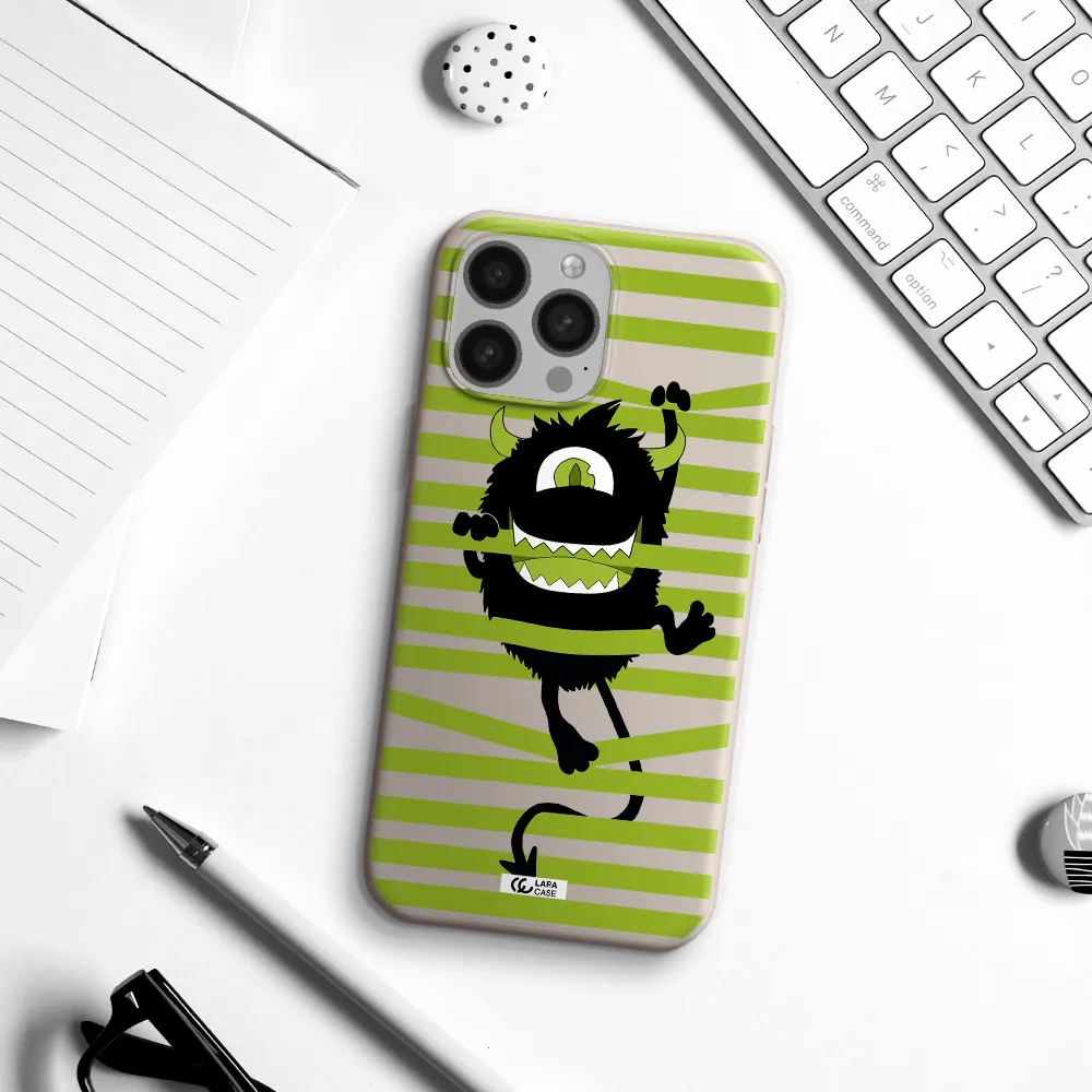 a black monster with horns and green stripes Apple iPhone 13 Pro Silicone Stone Case