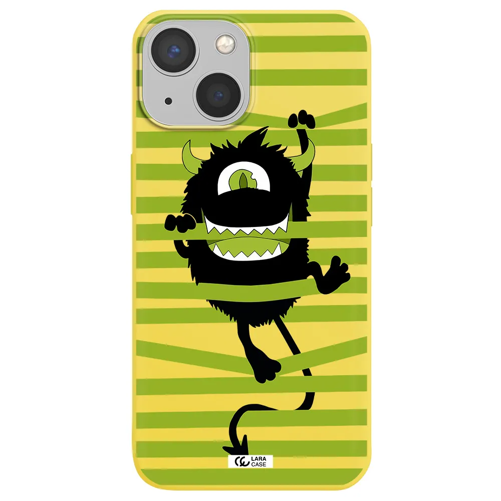 a black monster with horns and green stripes Apple iPhone 13 Silicone canary yellow Case