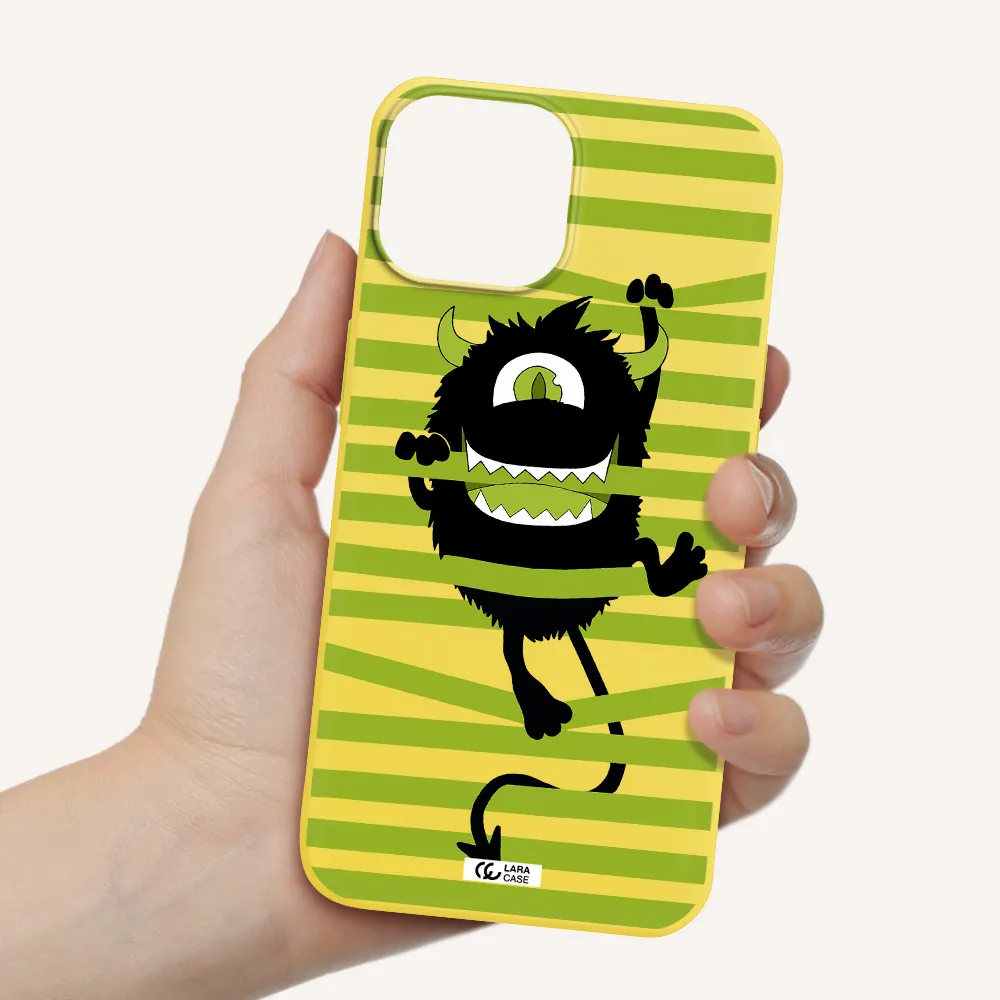 a black monster with horns and green stripes Apple iPhone 13 Silicone canary yellow Case