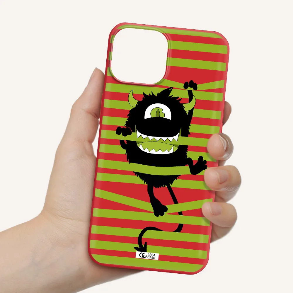 a black monster with horns and green stripes Apple iPhone 13 Silicone Imperial Red Case