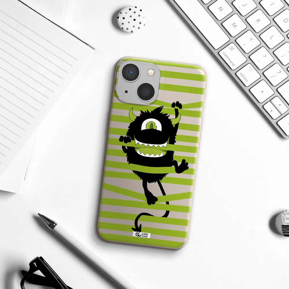 a black monster with horns and green stripes Apple iPhone 13 Silicone Stone Case