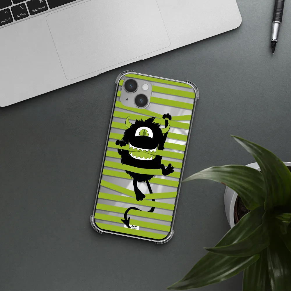 a black monster with horns and green stripes Apple iPhone 14 Clear PC Case