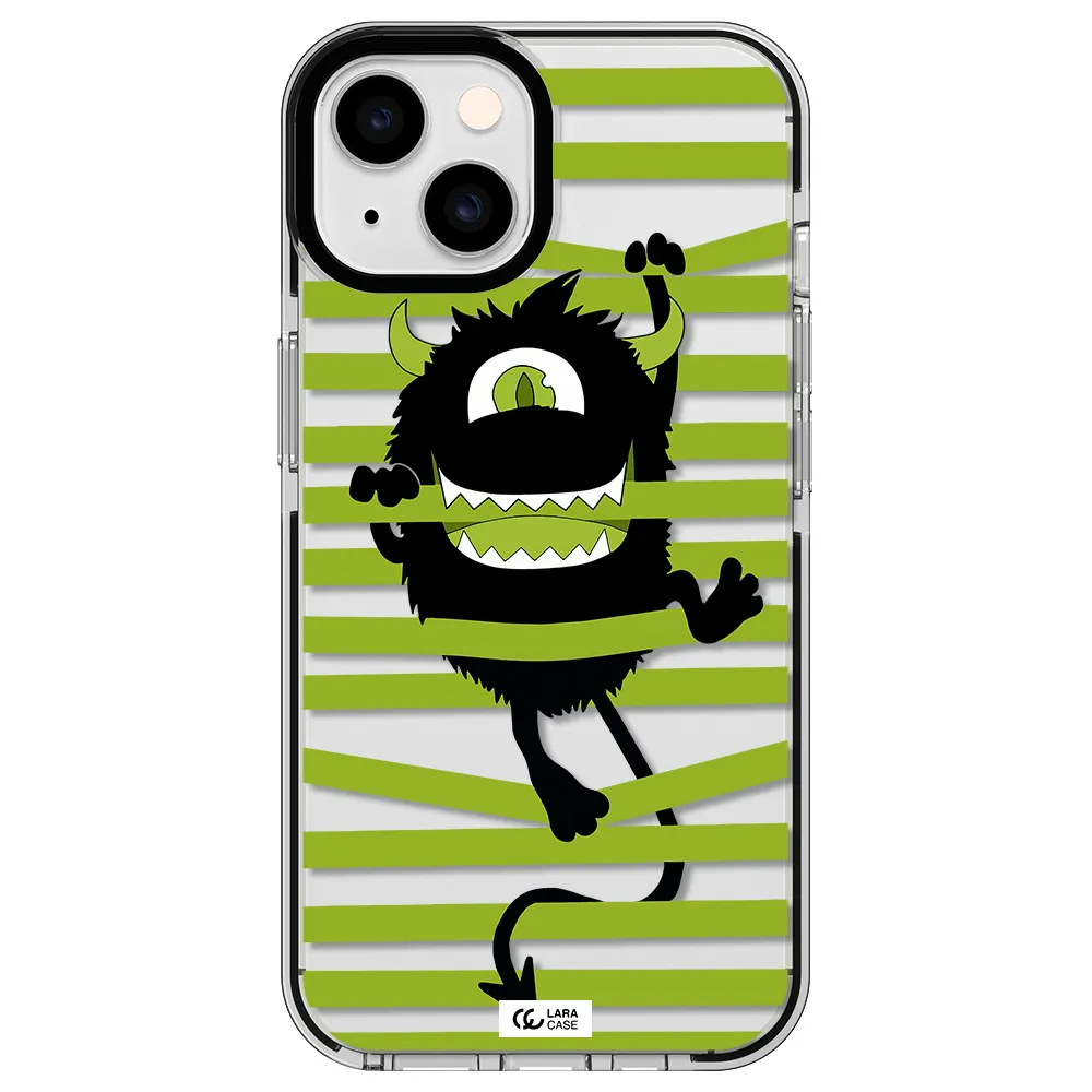 a black monster with horns and green stripes Apple iPhone 14 impact black border Case