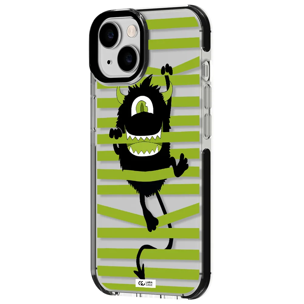 a black monster with horns and green stripes Apple iPhone 14 impact black border Case