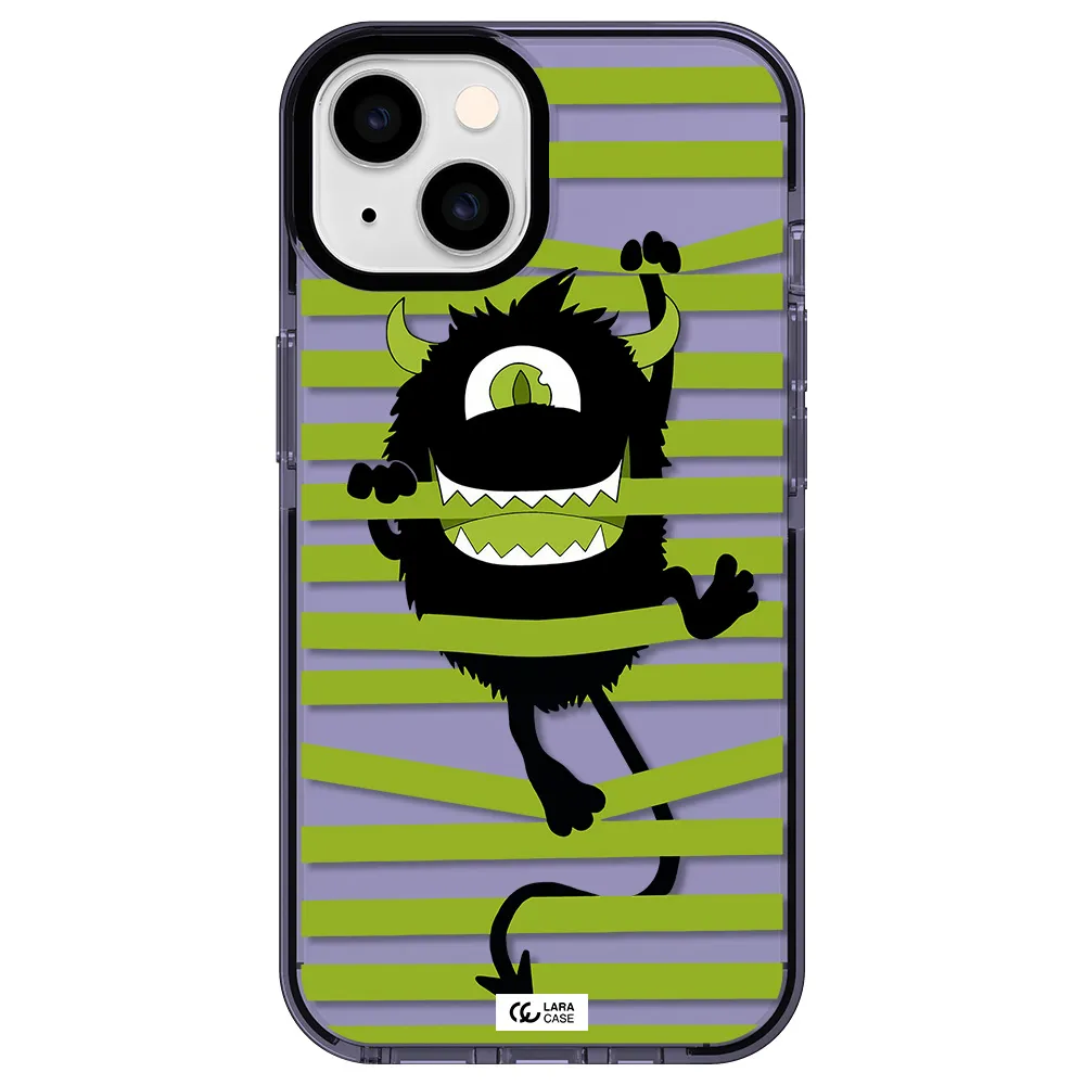 a black monster with horns and green stripes Apple iPhone 14 impact Lilac Case