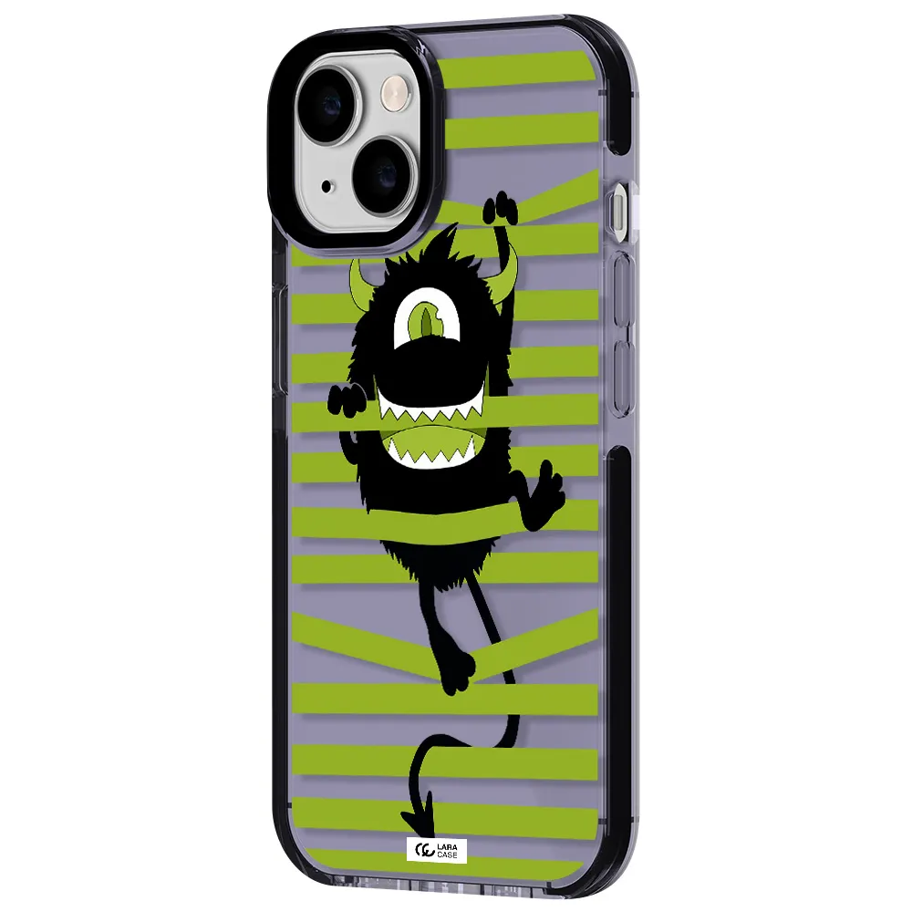 a black monster with horns and green stripes Apple iPhone 14 impact Lilac Case