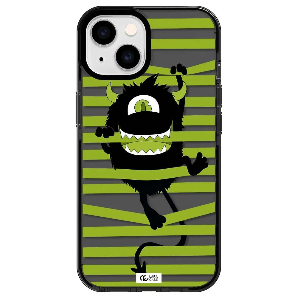 a black monster with horns and green stripes Apple iPhone 14 impact Smoke Black Case