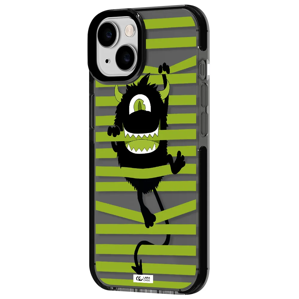 a black monster with horns and green stripes Apple iPhone 14 impact Smoke Black Case