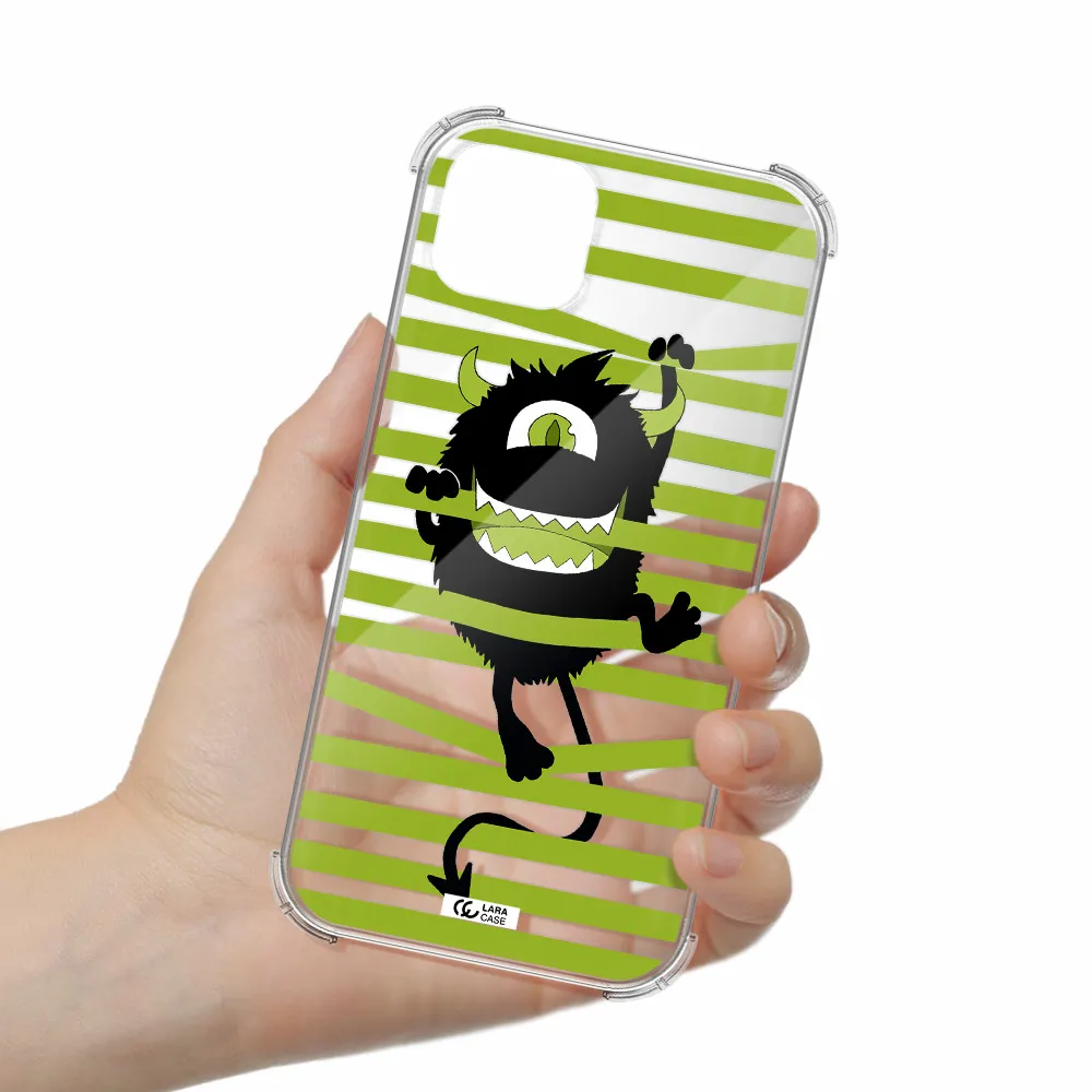a black monster with horns and green stripes Apple iPhone 14 plus Clear PC Case
