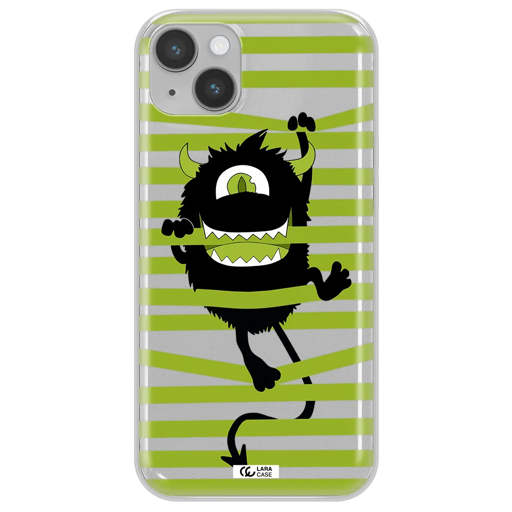 a black monster with horns and green stripes Apple iPhone 14 plus Clear TPU Case
