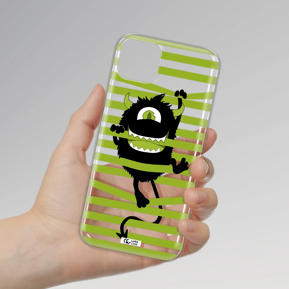 a black monster with horns and green stripes Apple iPhone 14 plus Clear TPU Case