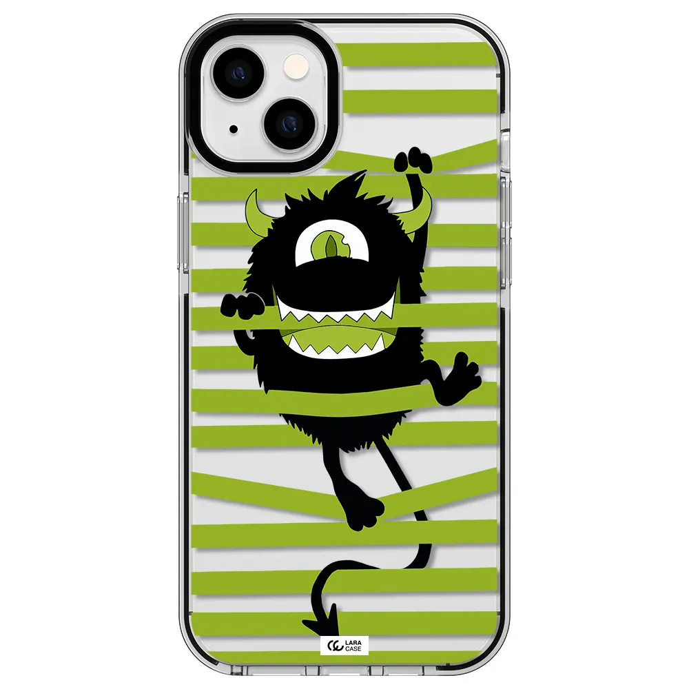 a black monster with horns and green stripes Apple iPhone 14 plus impact black border Case
