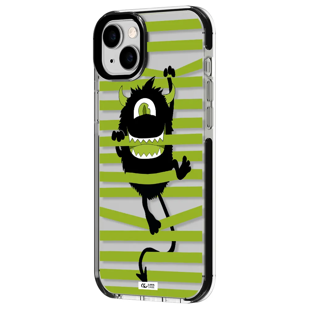 a black monster with horns and green stripes Apple iPhone 14 plus impact black border Case