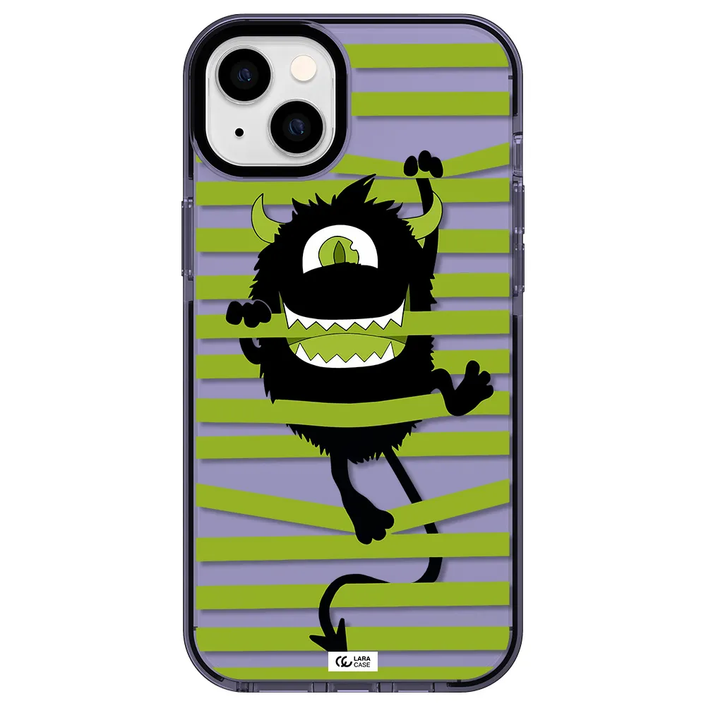 a black monster with horns and green stripes Apple iPhone 14 plus impact Lilac Case