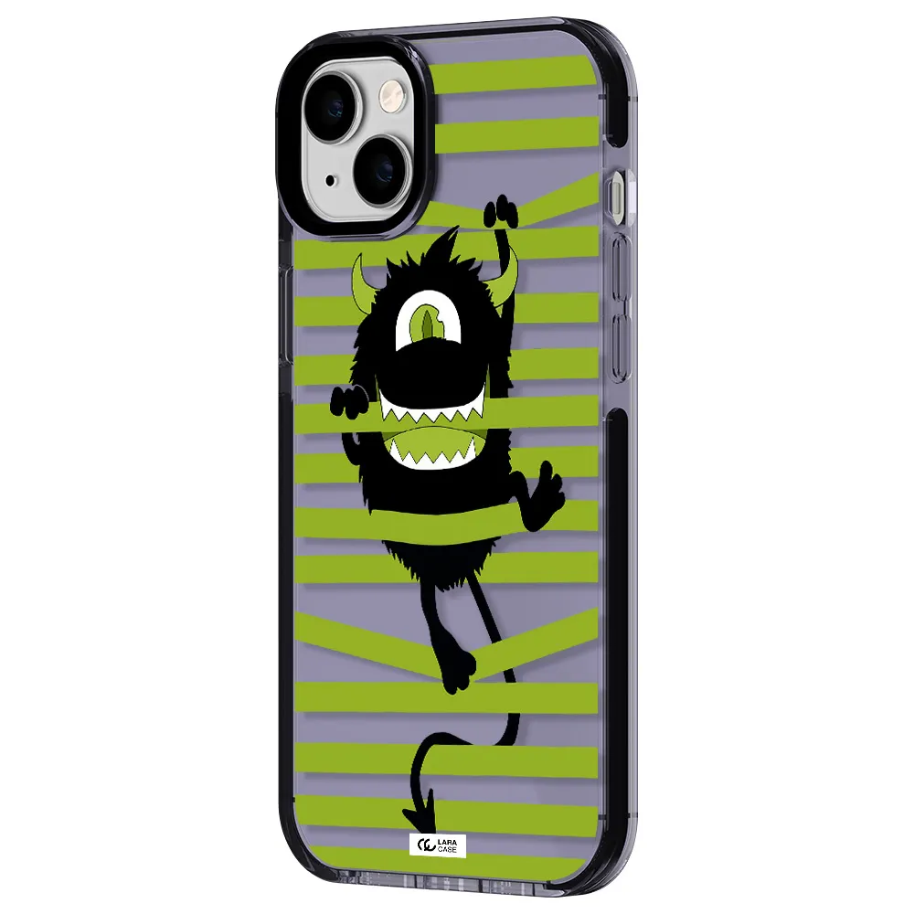 a black monster with horns and green stripes Apple iPhone 14 plus impact Lilac Case