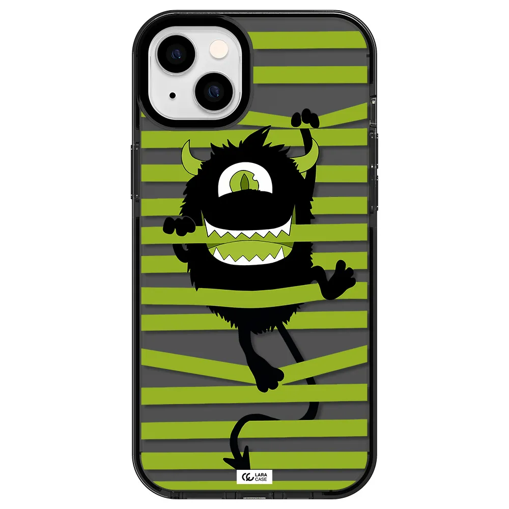 a black monster with horns and green stripes Apple iPhone 14 plus impact Smoke Black Case