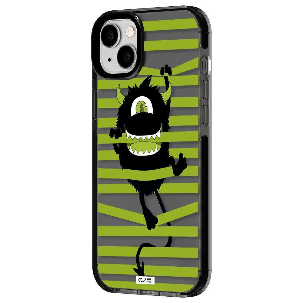 a black monster with horns and green stripes Apple iPhone 14 plus impact Smoke Black Case