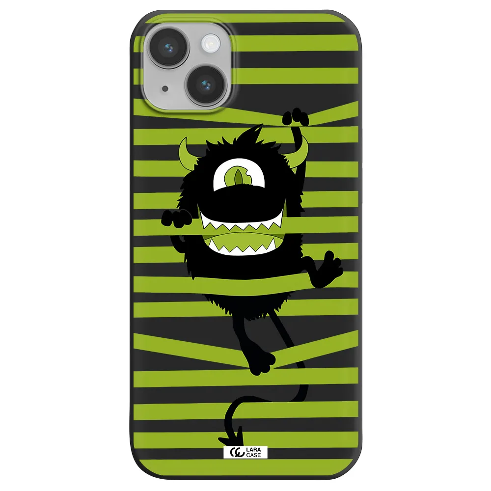 a black monster with horns and green stripes Apple iPhone 14 plus Silicone black Case
