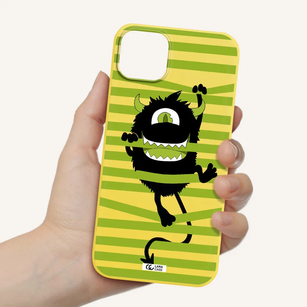 a black monster with horns and green stripes Apple iPhone 14 plus Silicone canary yellow Case