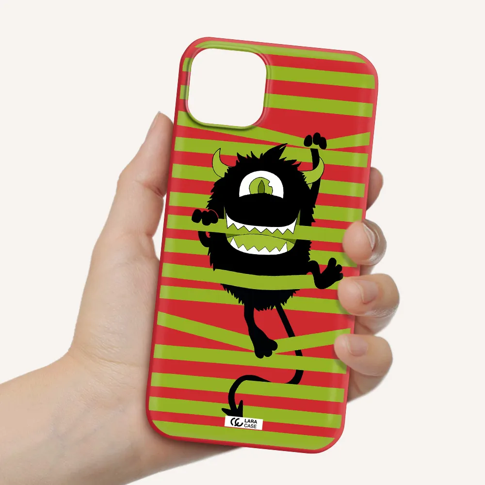 a black monster with horns and green stripes Apple iPhone 14 plus Silicone Imperial Red Case