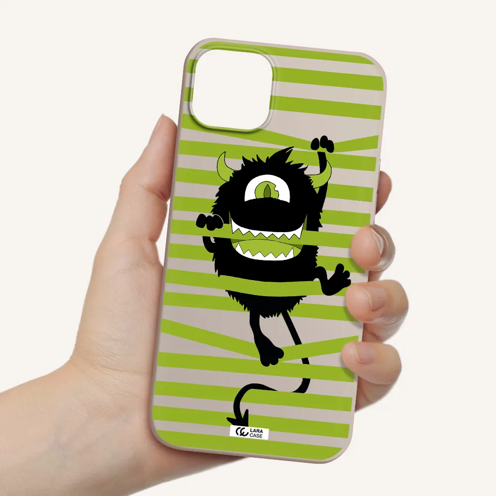 a black monster with horns and green stripes Apple iPhone 14 plus Silicone Stone Case