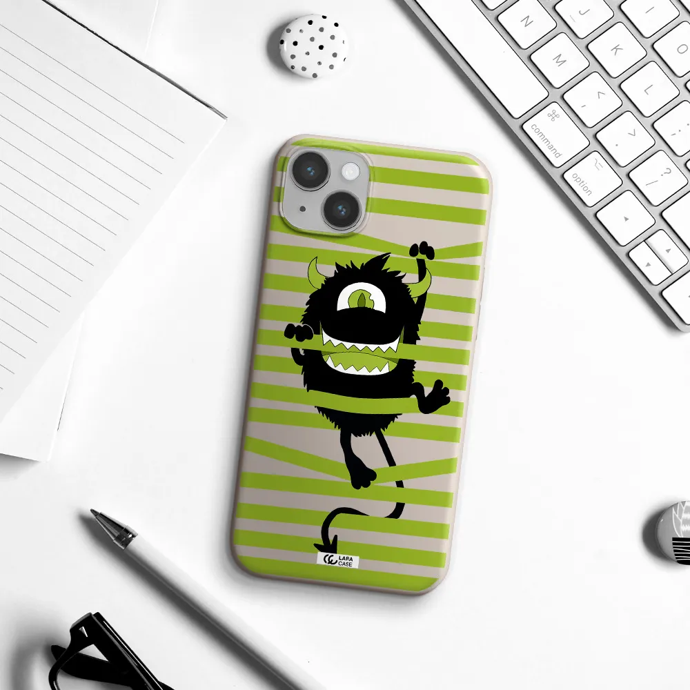 a black monster with horns and green stripes Apple iPhone 14 plus Silicone Stone Case