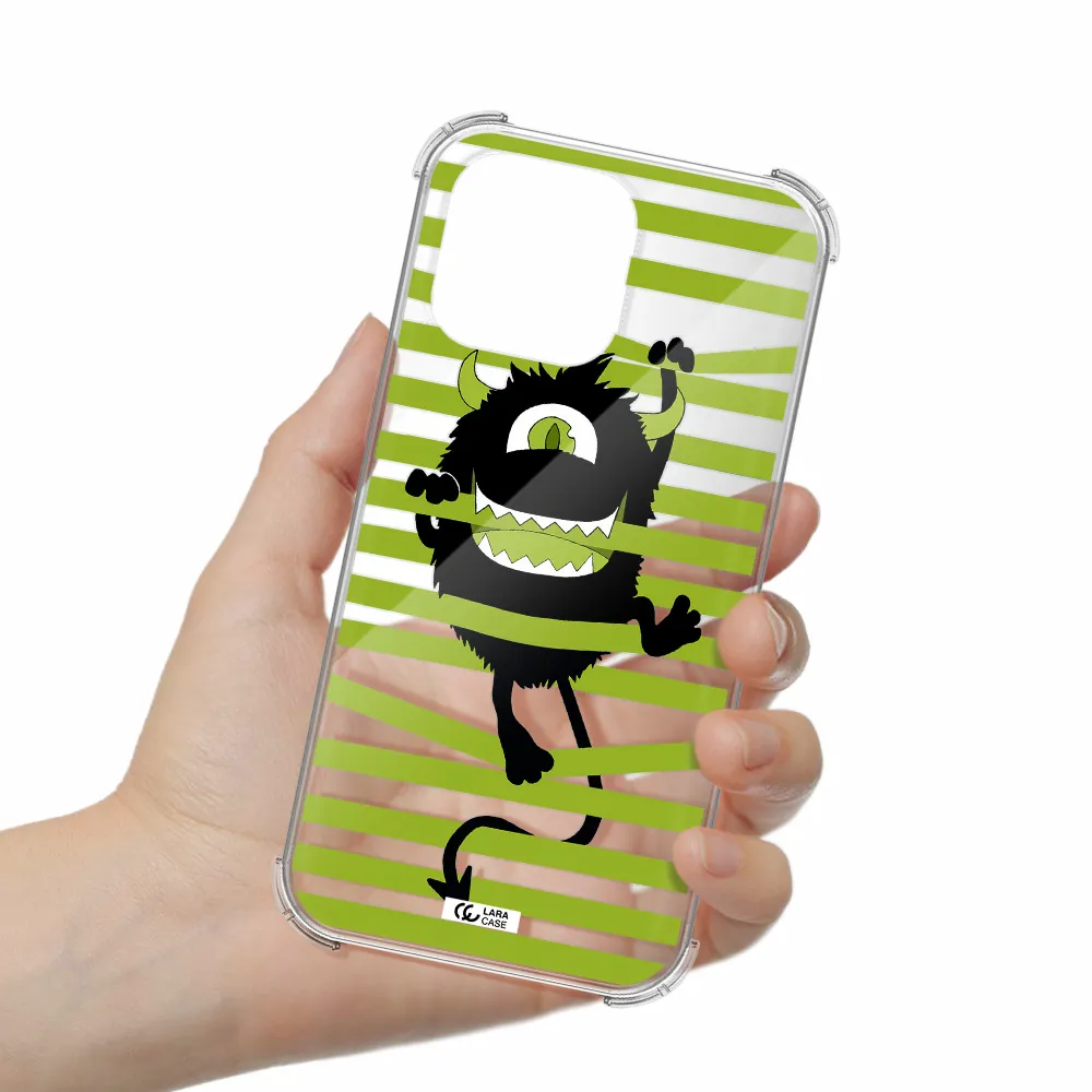 a black monster with horns and green stripes Apple iPhone 14 pro Clear PC Case