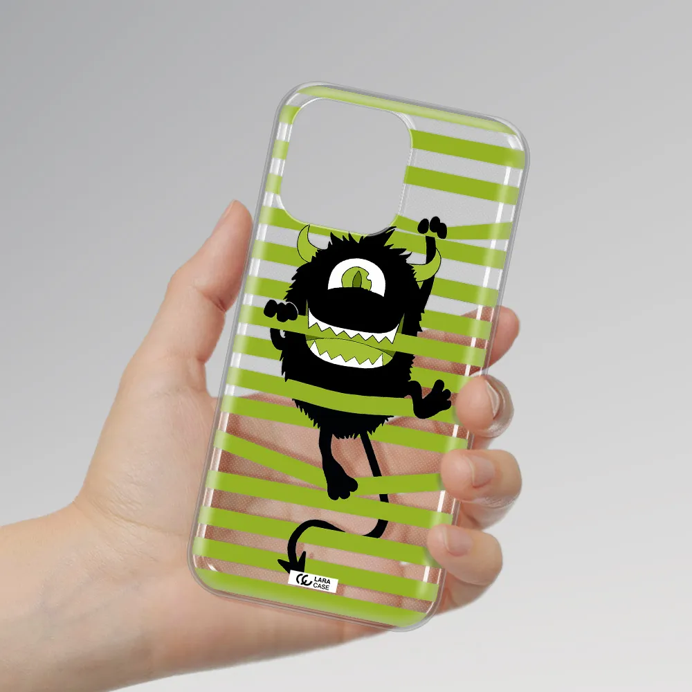 a black monster with horns and green stripes Apple iPhone 14 pro Clear TPU Case