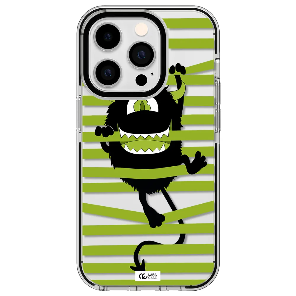 a black monster with horns and green stripes Apple iPhone 14 pro impact black border Case