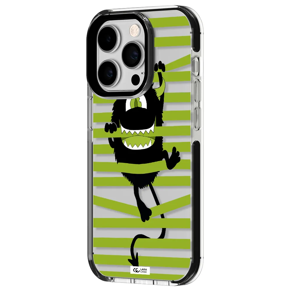 a black monster with horns and green stripes Apple iPhone 14 pro impact black border Case