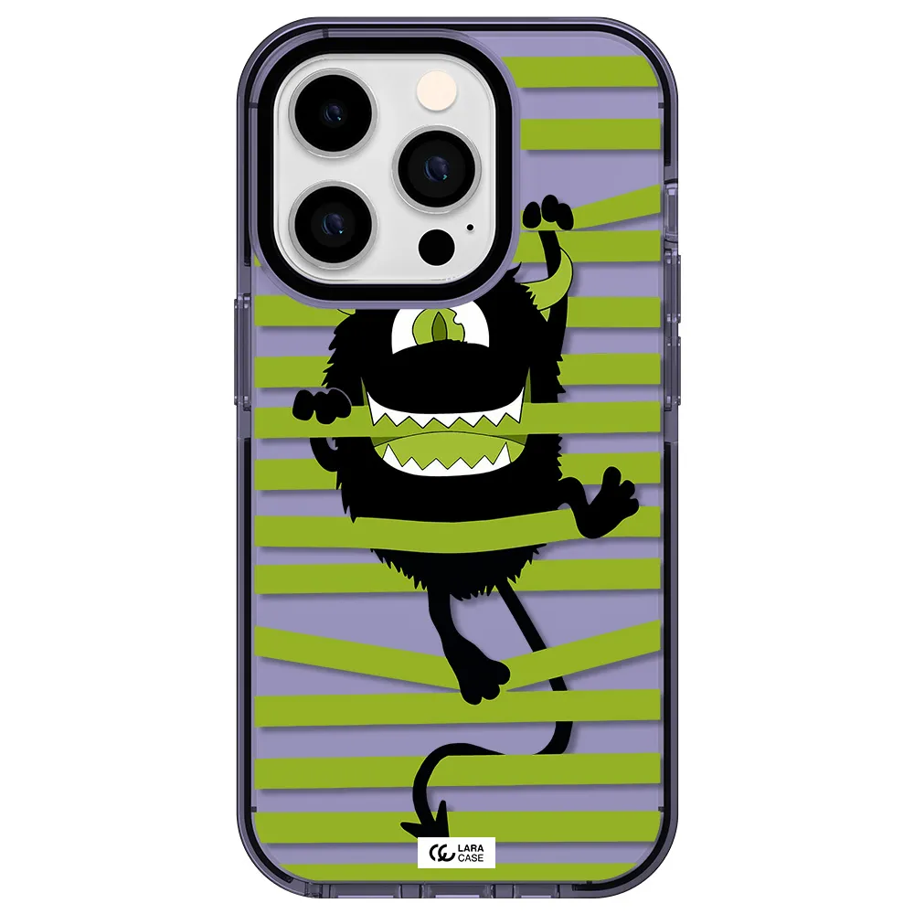 a black monster with horns and green stripes Apple iPhone 14 pro impact Lilac Case