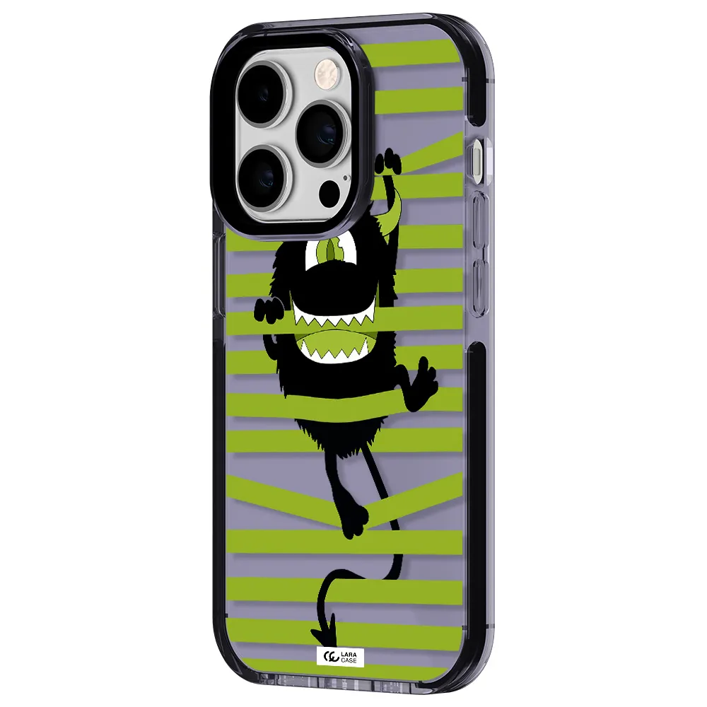 a black monster with horns and green stripes Apple iPhone 14 pro impact Lilac Case
