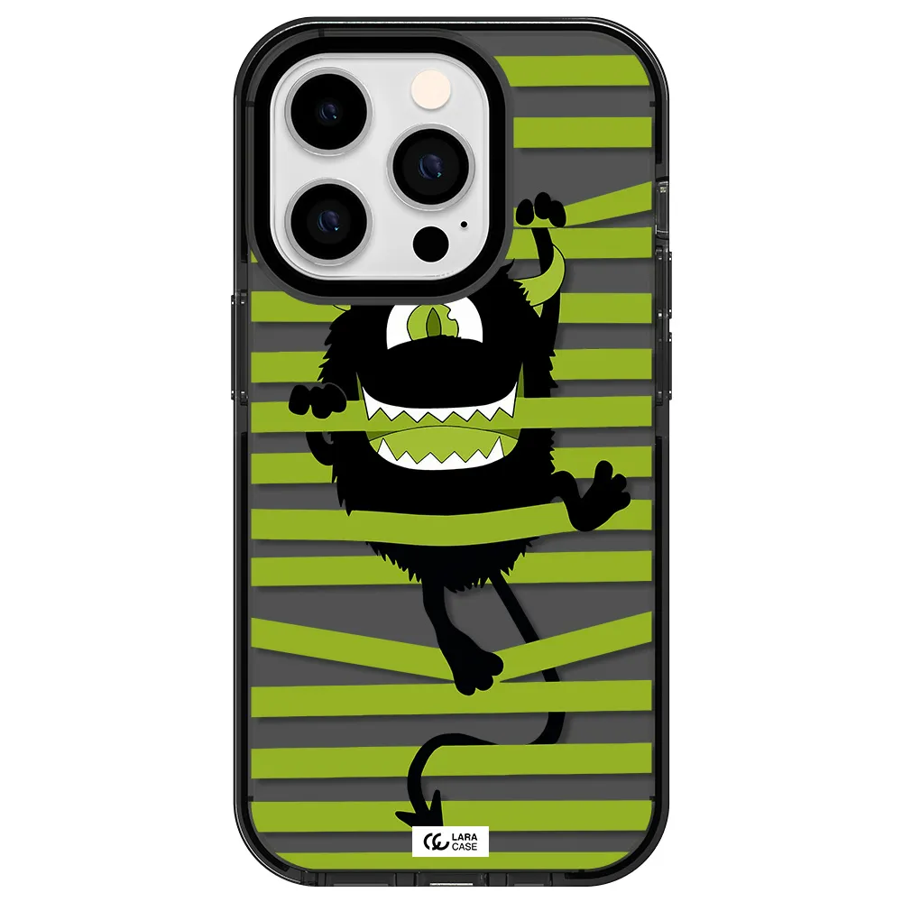 a black monster with horns and green stripes Apple iPhone 14 pro impact Smoke Black Case