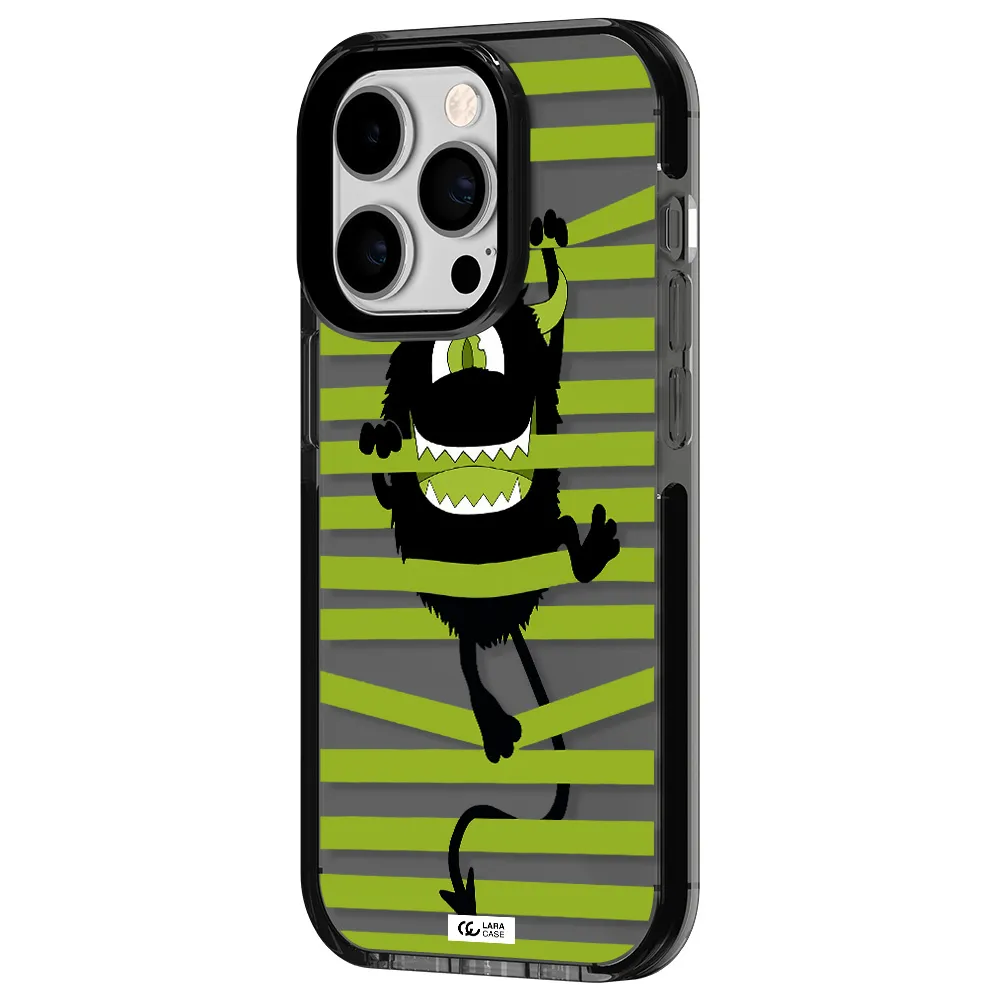 a black monster with horns and green stripes Apple iPhone 14 pro impact Smoke Black Case