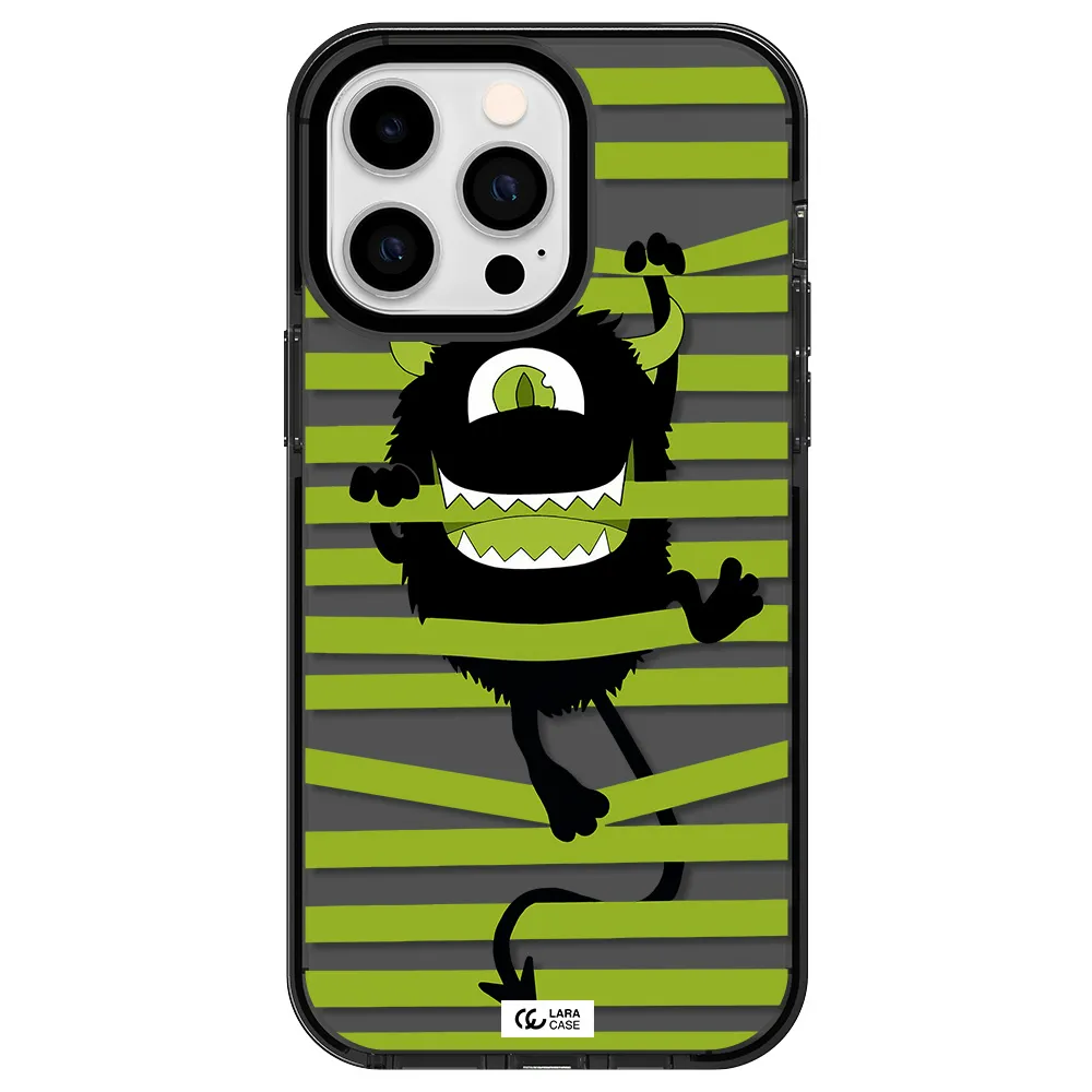 a black monster with horns and green stripes Apple iPhone 14 pro max impact Smoke Black Case