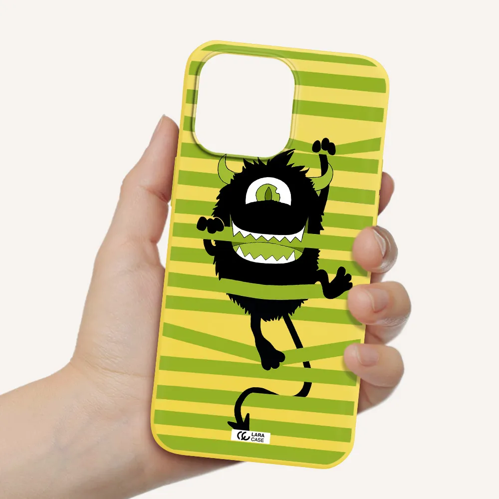 a black monster with horns and green stripes Apple iPhone 14 pro max Silicone canary yellow Case