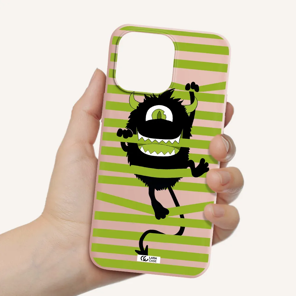 a black monster with horns and green stripes Apple iPhone 14 pro max Silicone pastel pink Case