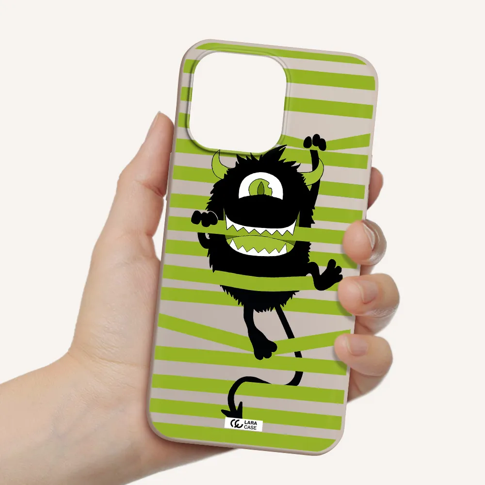 a black monster with horns and green stripes Apple iPhone 14 pro max Silicone Stone Case