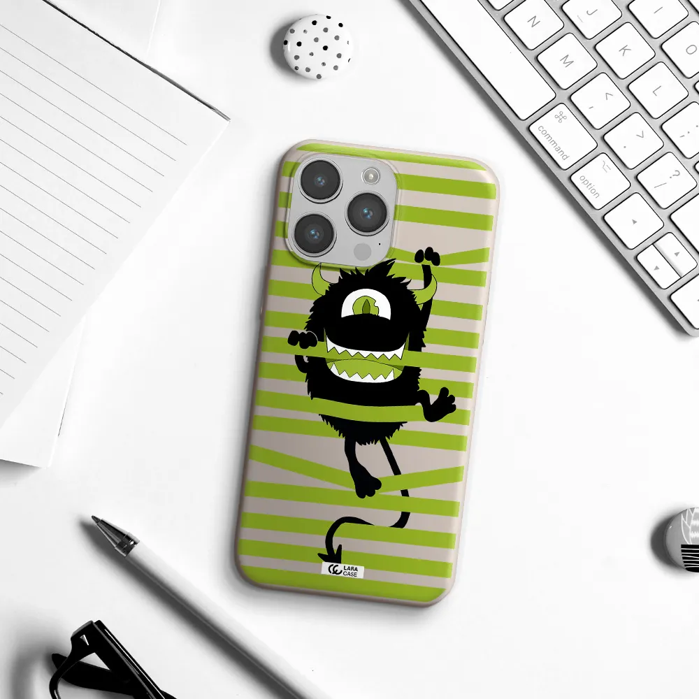 a black monster with horns and green stripes Apple iPhone 14 pro max Silicone Stone Case