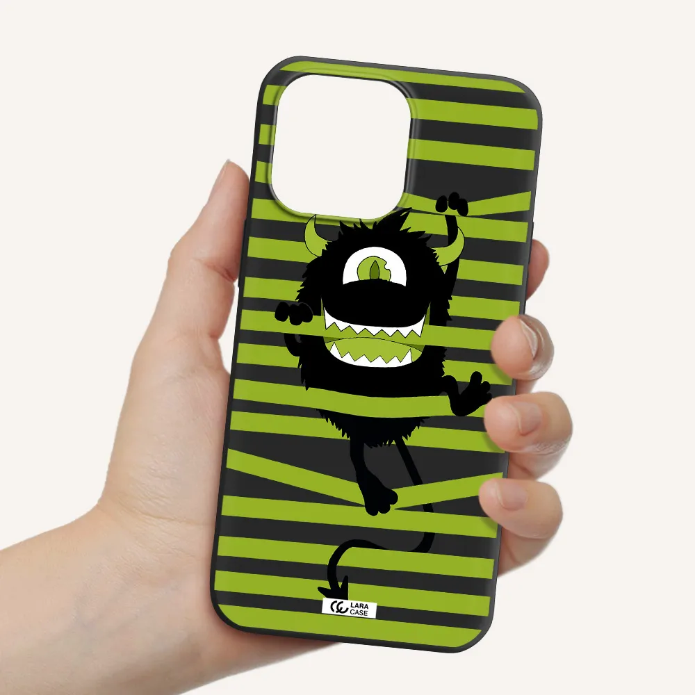 a black monster with horns and green stripes Apple iPhone 14 pro Silicone black Case