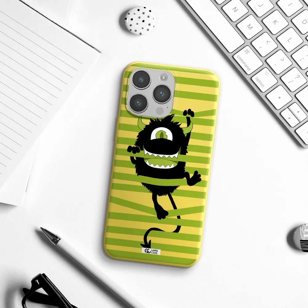 a black monster with horns and green stripes Apple iPhone 14 pro Silicone canary yellow Case