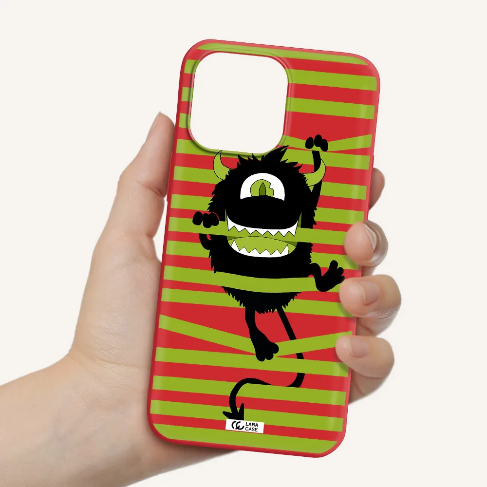a black monster with horns and green stripes Apple iPhone 14 pro Silicone Imperial Red Case