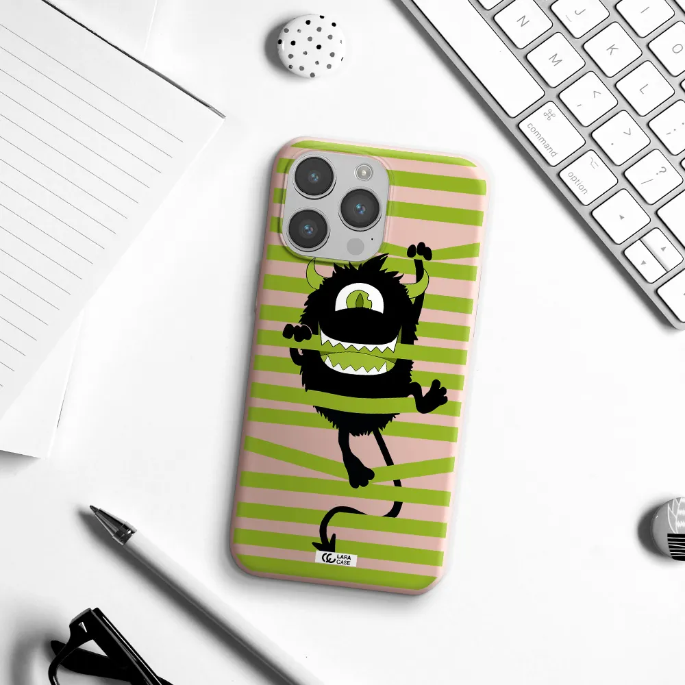 a black monster with horns and green stripes Apple iPhone 14 pro Silicone pastel pink Case