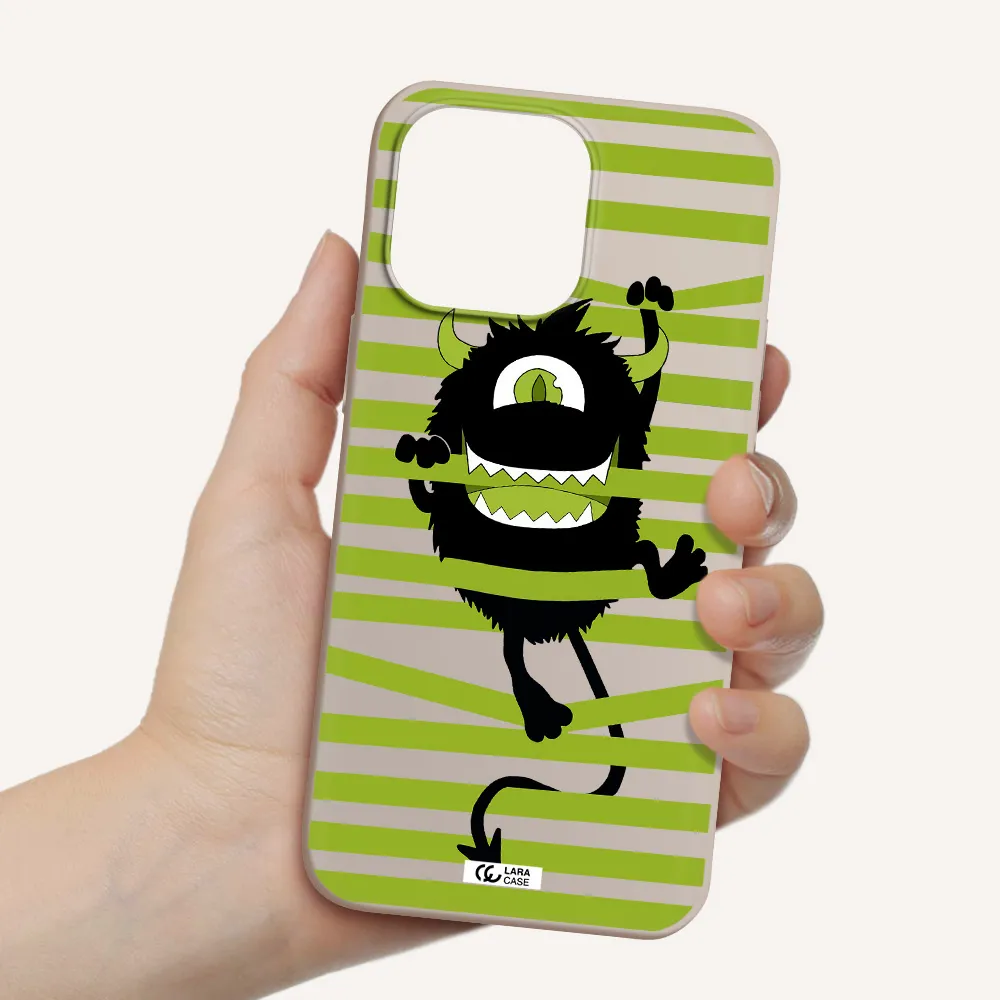 a black monster with horns and green stripes Apple iPhone 14 pro Silicone Stone Case