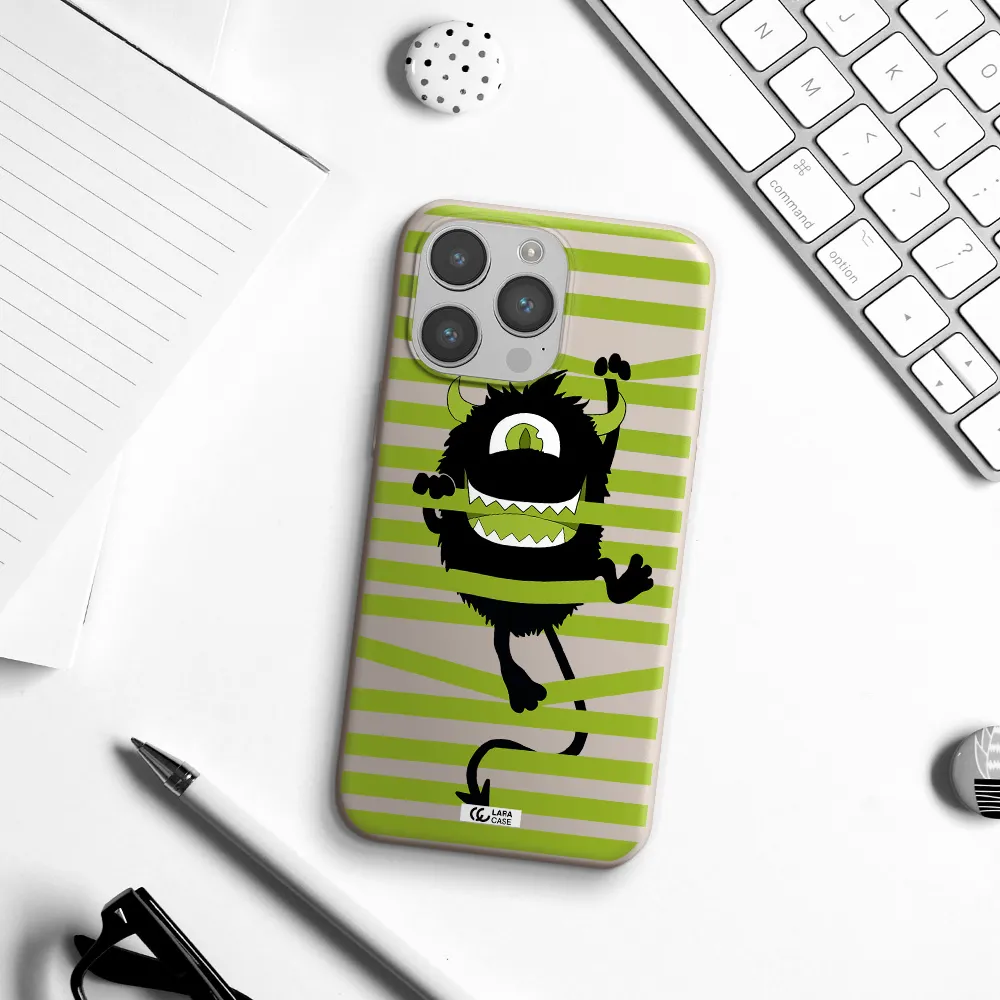 a black monster with horns and green stripes Apple iPhone 14 pro Silicone Stone Case