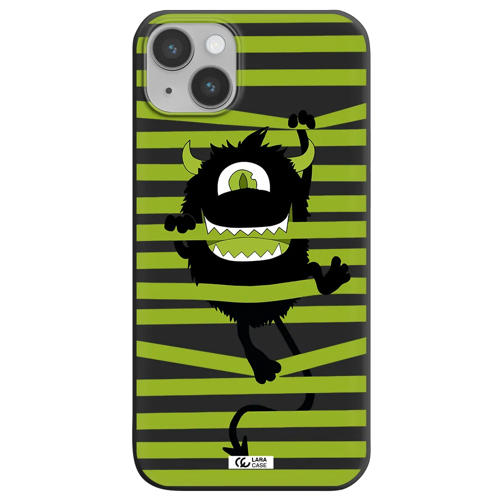 a black monster with horns and green stripes Apple iPhone 14 Silicone black Case