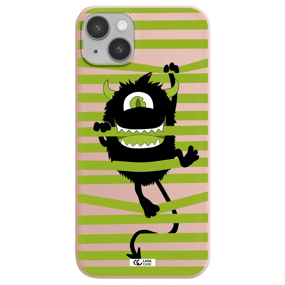 a black monster with horns and green stripes Apple iPhone 14 Silicone pastel pink Case